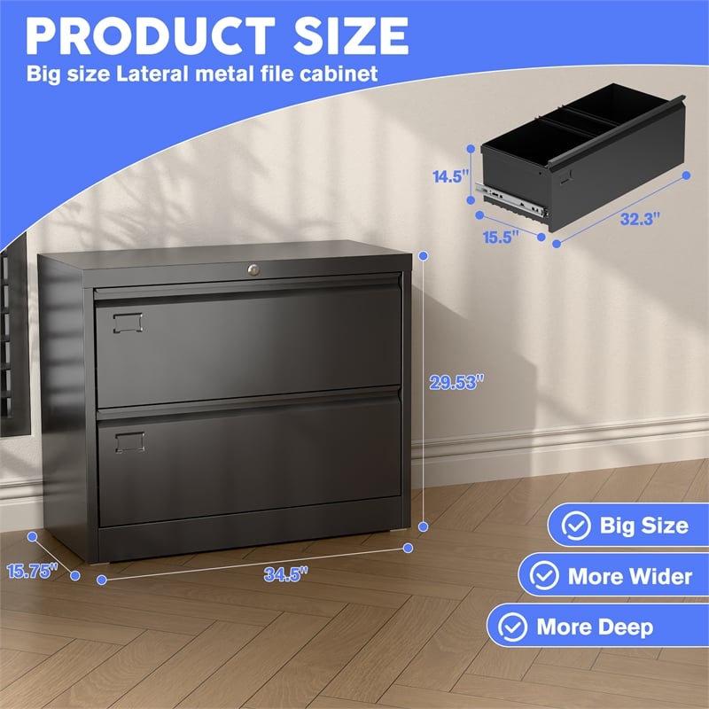 GangMei 2-Drawer Steel Metal Lateral Locking Filing Cabinet with Lock in Black