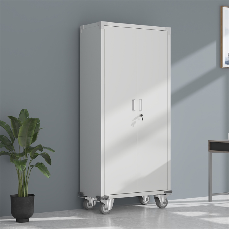 GangMei Metal Storage Cabinet with Wheels Rolling for Office in Off White