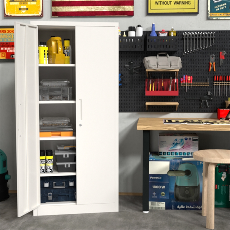 GangMei Metal Storage Cabinet with Locking Doors and Adjustable Shelves in White