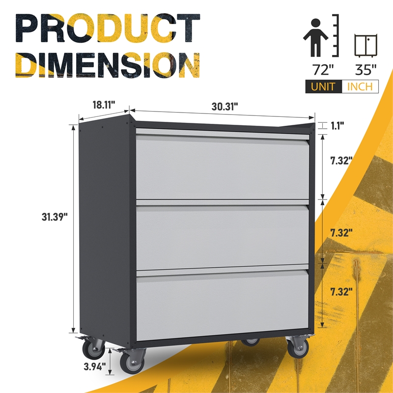 GangMei Three Drawers Metal Garage Storage Cabinet with Wheels in Gray