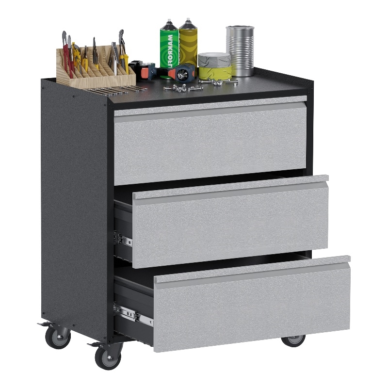 GangMei Three Drawers Metal Garage Storage Cabinet with Wheels in Gray