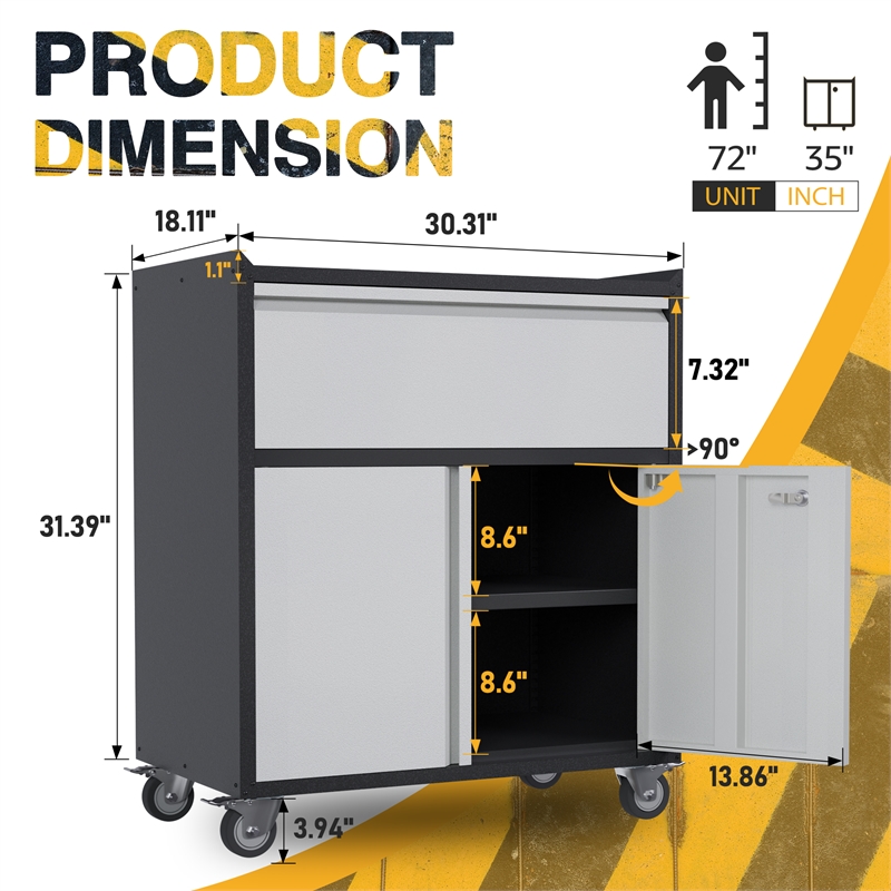 GangMei Metal Garage Storage Cabinet with Lock and Wheels Rolling in Gray