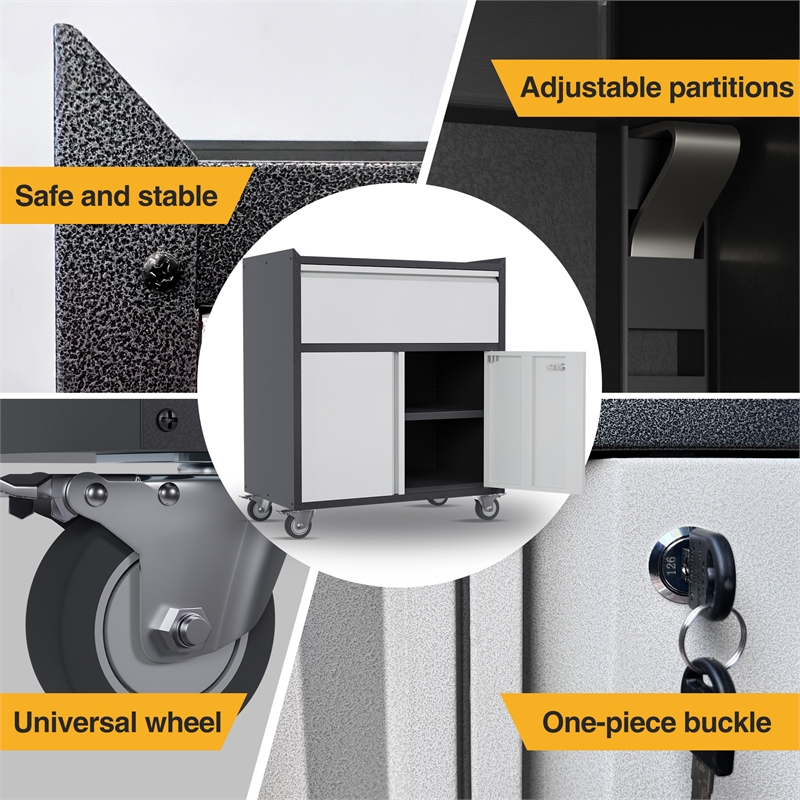 GangMei Metal Garage Storage Cabinet with Lock and Wheels Rolling in Gray