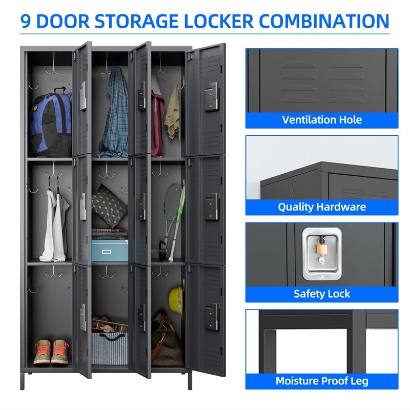 Gangmei Metal Locker with 9 Door for School and Employee Dark Gray