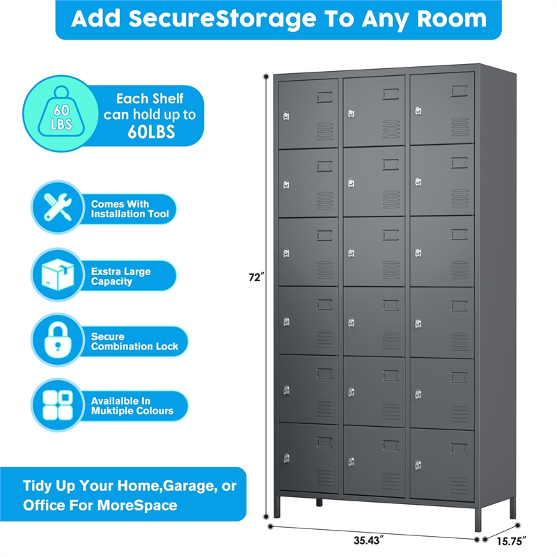 Gangmei Metal Locker with 18 Door for School and Employees Dark Gray