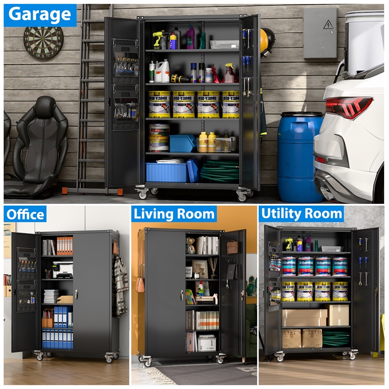 Extra Large Metal Garage Storage Cabinet on Wheels with 4 Shelves