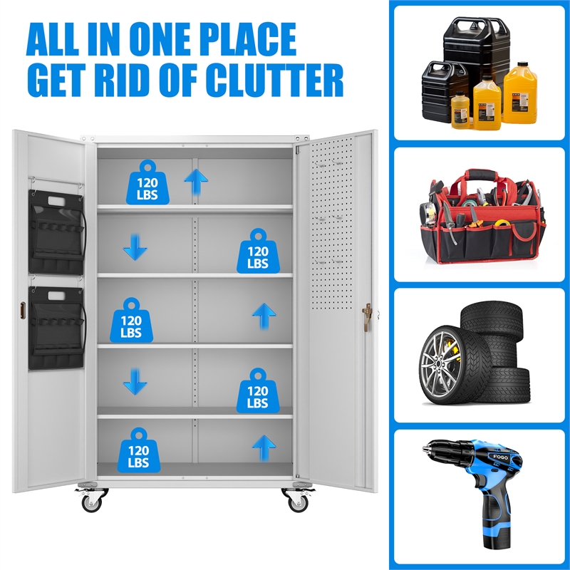 Extra Large Metal Garage Storage Cabinet on Wheels with 4 Shelves