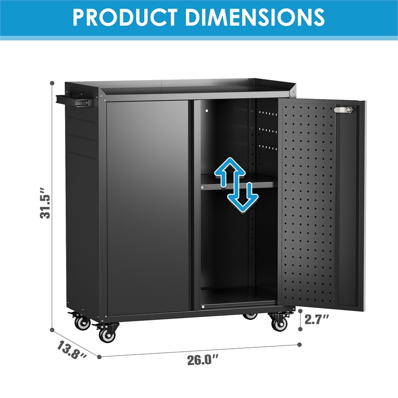 Metal Storage Cabinet with Wheels and 2 Pegboards