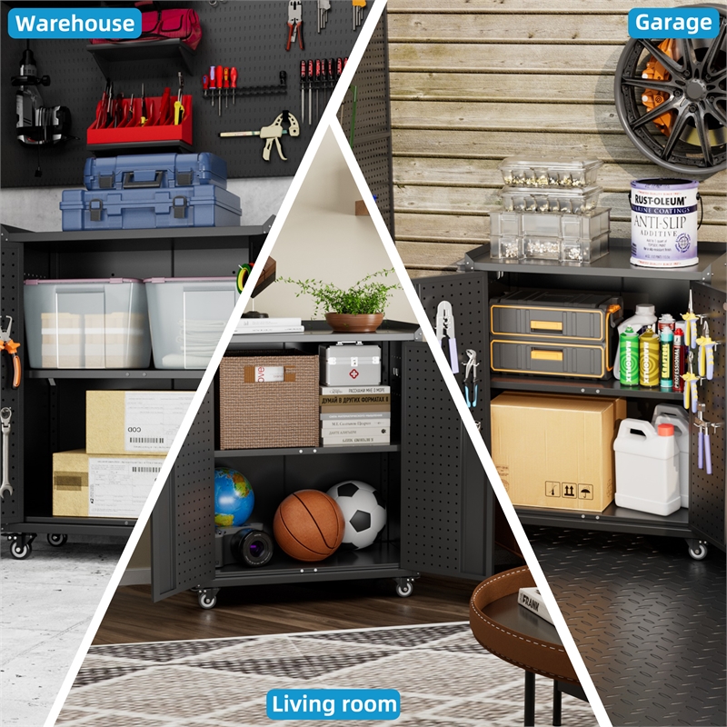 Metal Storage Cabinet with Wheels and 2 Pegboards