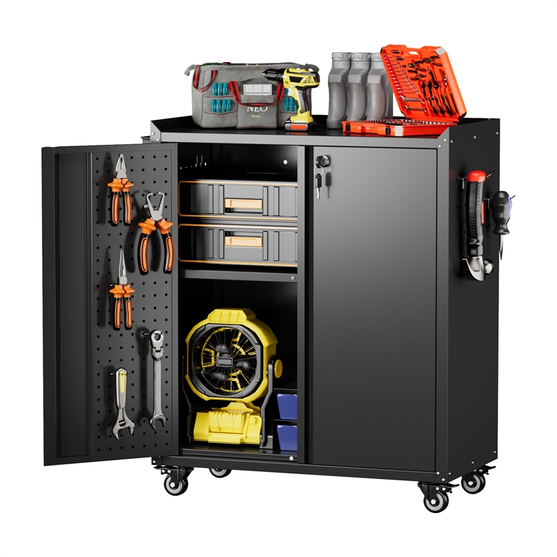Metal Storage Cabinet with Wheels and 2 Pegboards