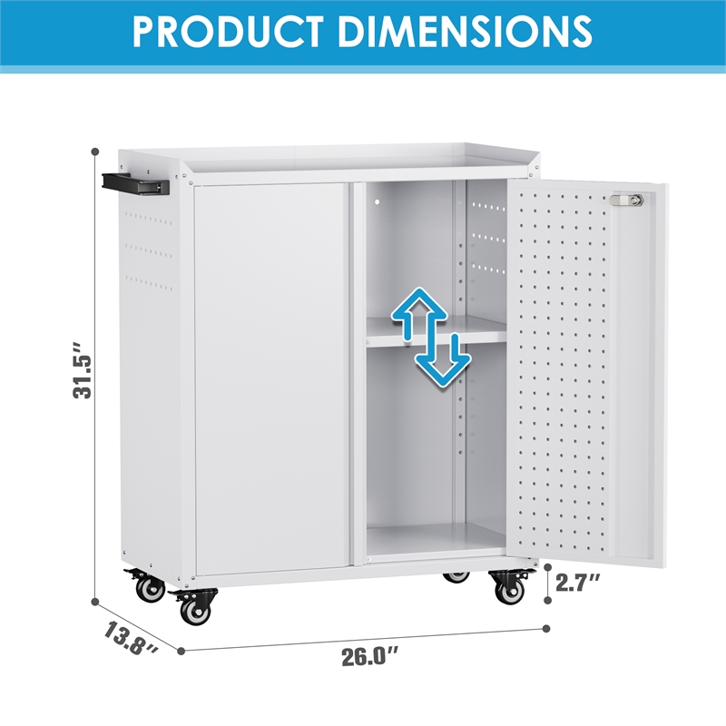 Metal Storage Cabinet with Wheels and 2 Pegboards