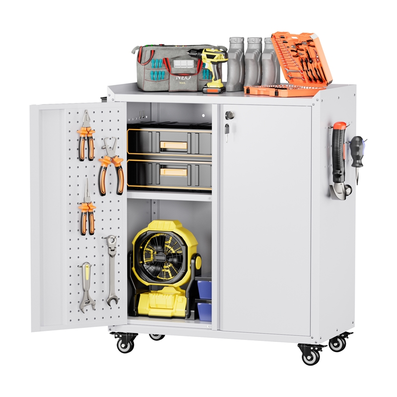 Metal Storage Cabinet with Wheels and 2 Pegboards
