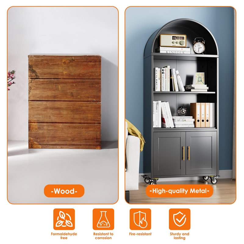 Metal Arched Bookcase 5-Tier Arched Bookcase with Doors