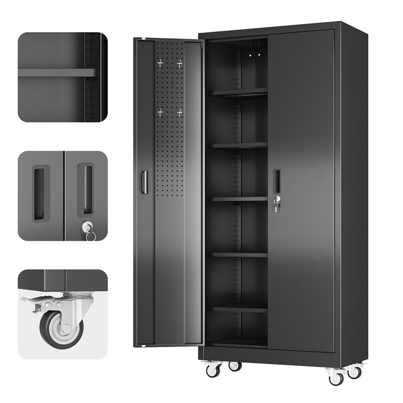 Metal Garage Storage Cabinet with Wheels and Pegboards