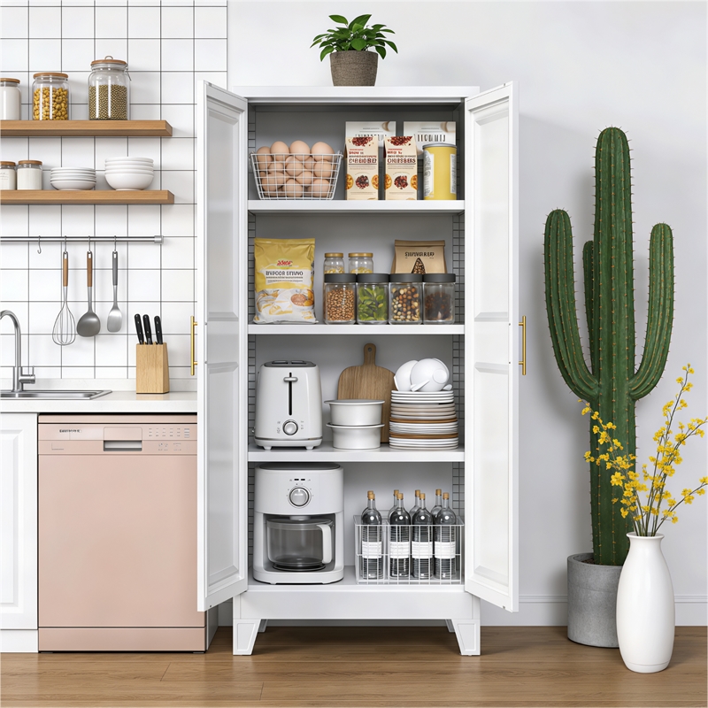 Metal Kitchen Pantry Cabinet with 2 Doors and 3 Adjustable Shelves