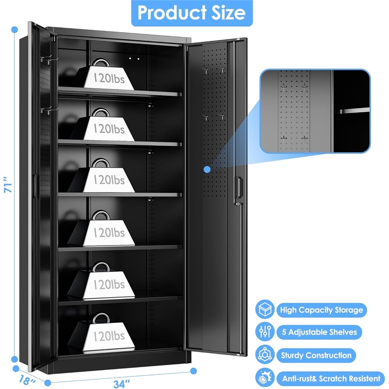 Metal Storage Cabinet with Pegboard 71'' x 34'' x 18''