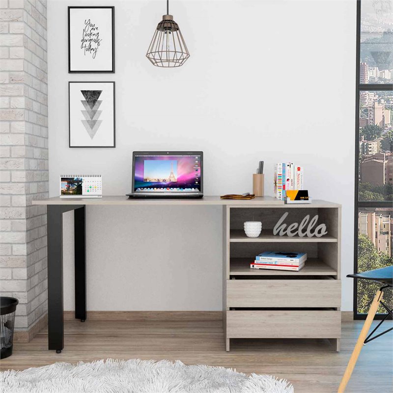 FM FURNITURE Praga 120 Modern Wood Desk with 2-Drawer & 2 Shelves in Light Gray