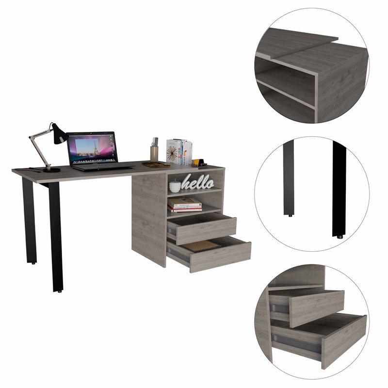 FM FURNITURE Praga 120 Modern Wood Desk with 2-Drawer & 2 Shelves in Light Gray