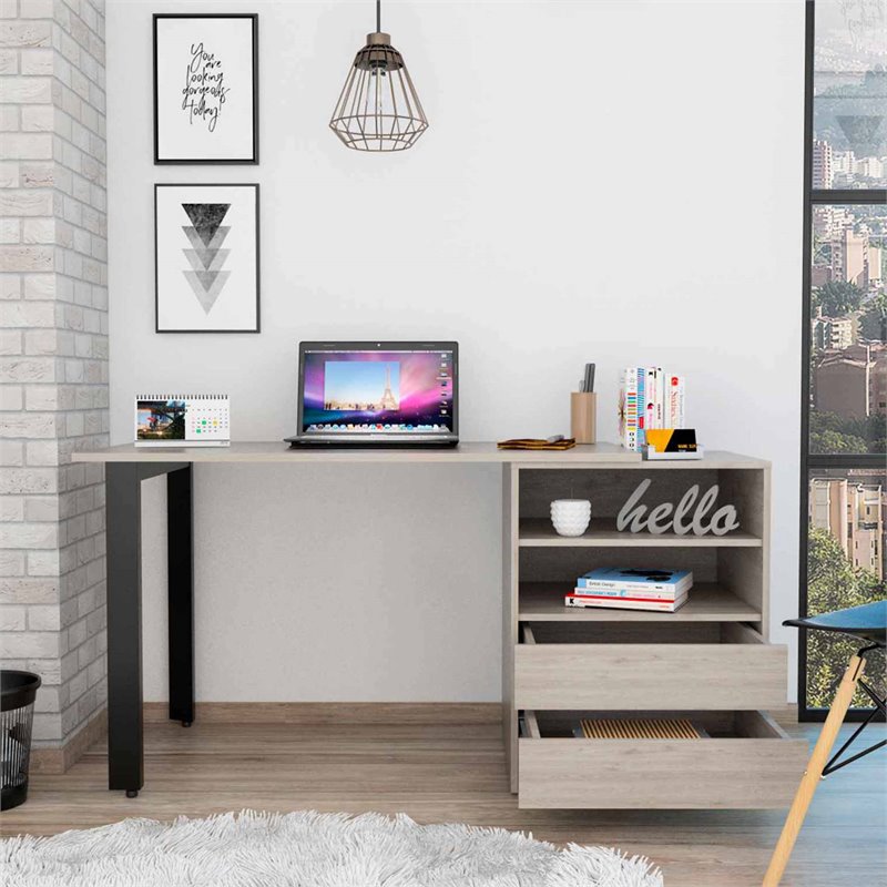 FM FURNITURE Praga 120 Modern Wood Desk with 2-Drawer & 2 Shelves in Light Gray
