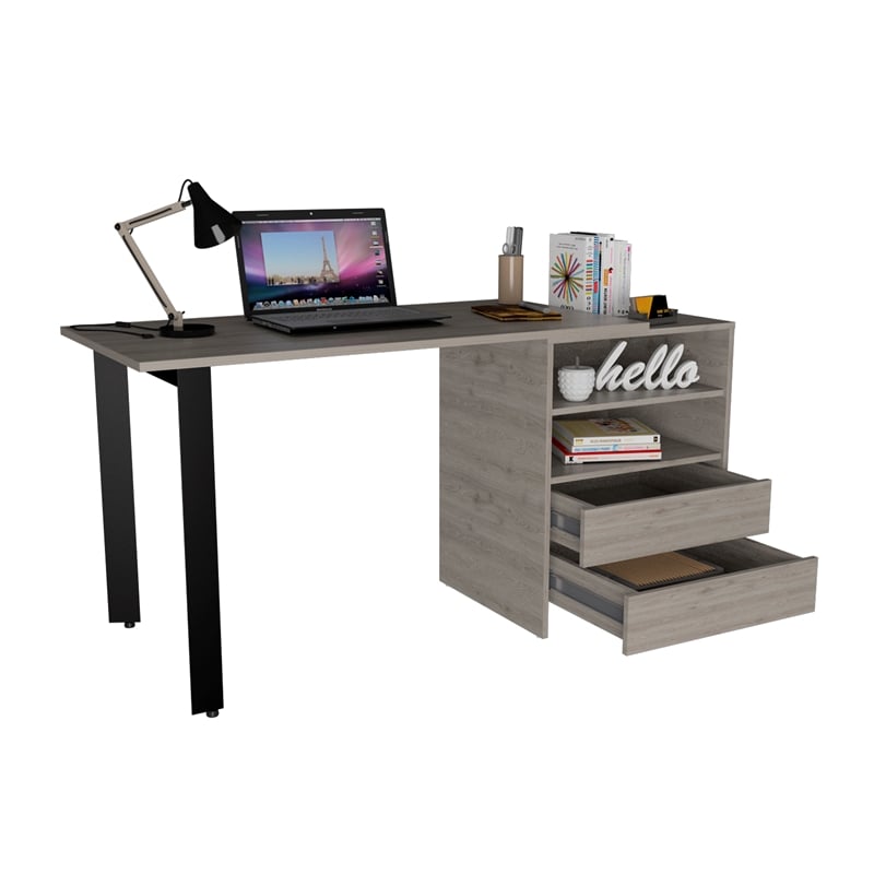 FM FURNITURE Praga 120 Modern Wood Desk with 2-Drawer & 2 Shelves in Light Gray