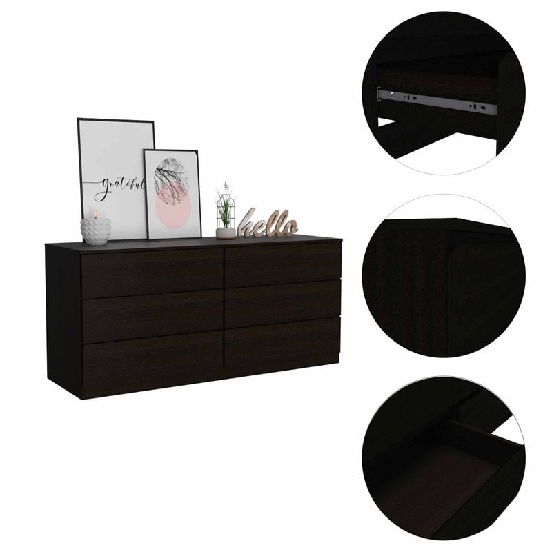 FM Furniture Seul Modern 6-Drawer Wood Bedroom Double Dresser in Black