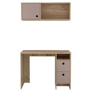 fm furniture tokyo 3-drawer modern wood office desk set in light oak/taupe