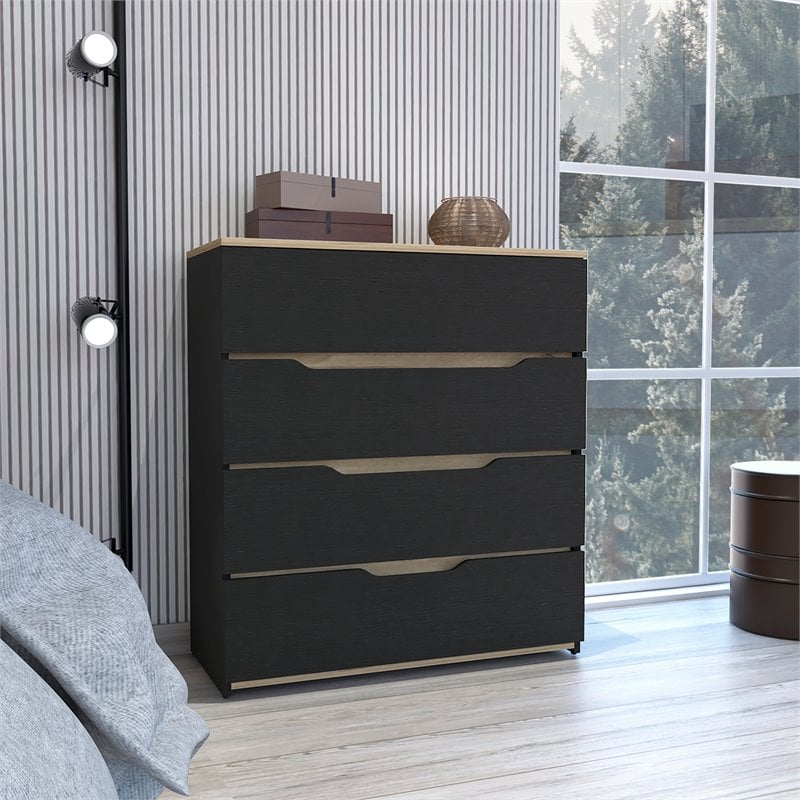 FM Furniture California Modern 4-Drawer Wood Bedroom Dresser in Black/Light Oak
