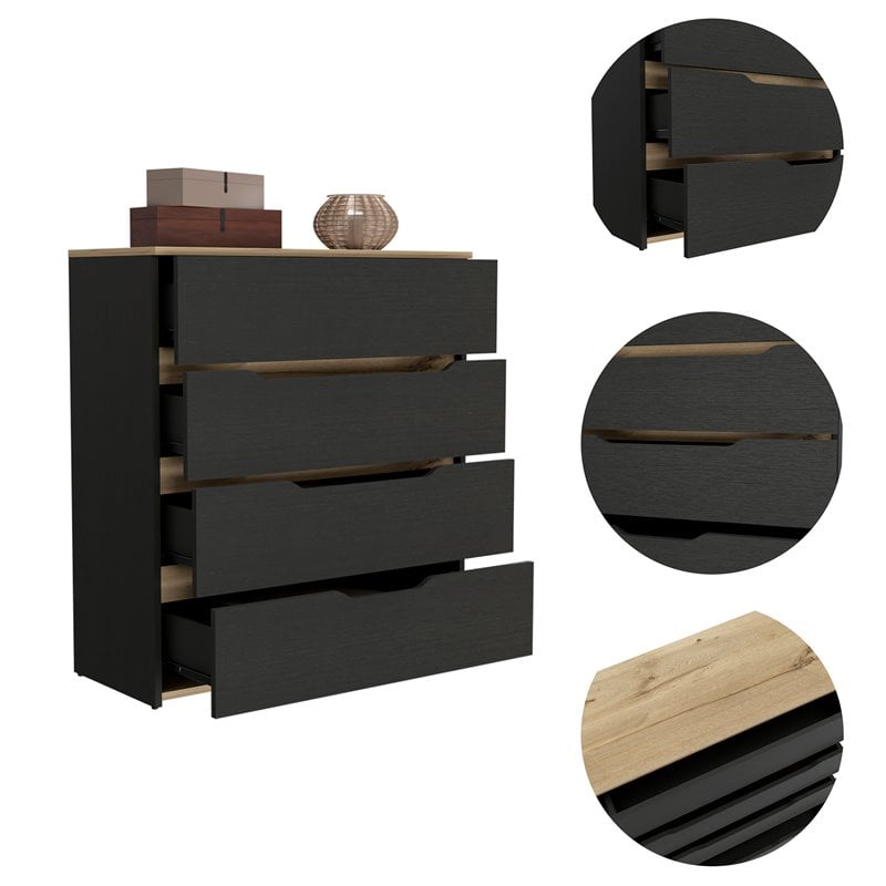 FM Furniture California Modern 4-Drawer Wood Bedroom Dresser in Black/Light Oak