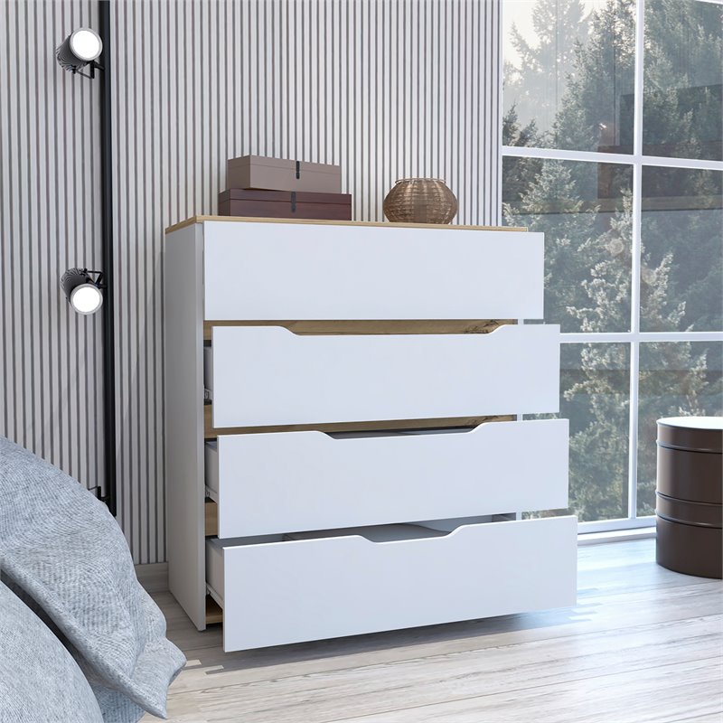 FM Furniture California Modern 4-Drawer Wood Bedroom Dresser in White/Light Oak