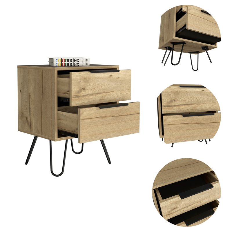 FM FURNITURE Nuvo Modern Metal Bedroom Nightstand with 2-Drawer in Light Oak