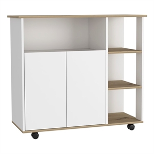 FM FURNITURE Serbia Wood Kitchen Island with 4 Open Shelves in Light Oak/White