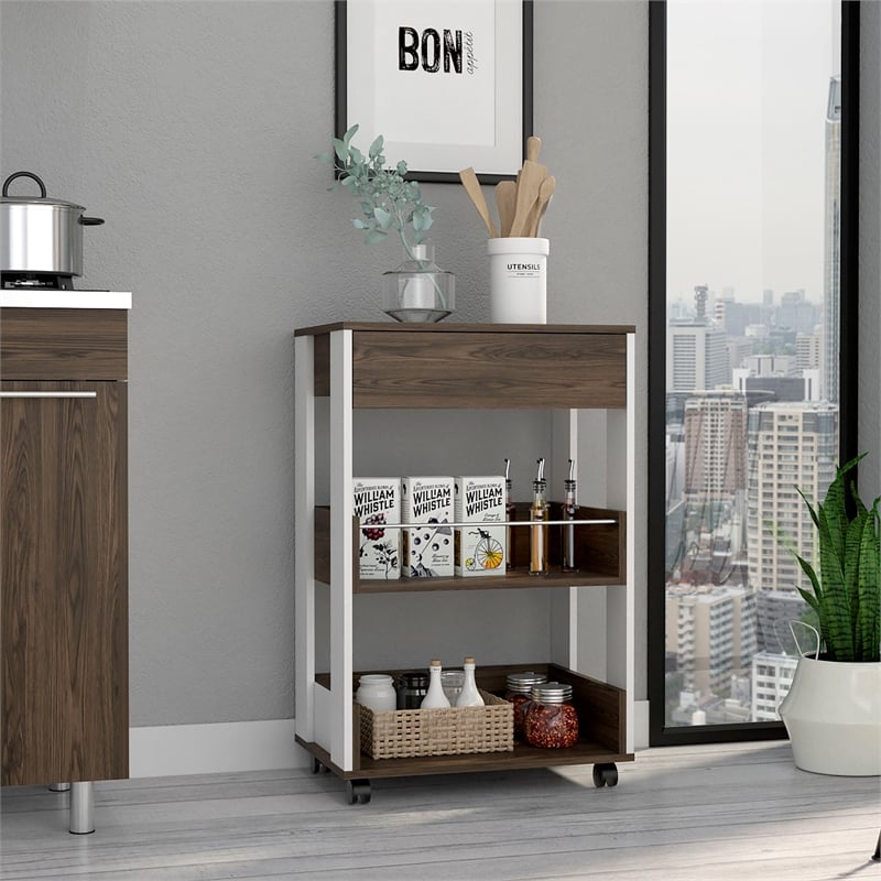 FM FURNITURE Dundee 2-Shelf Engineered Wood Kitchen Cart in Dark Walnut/White