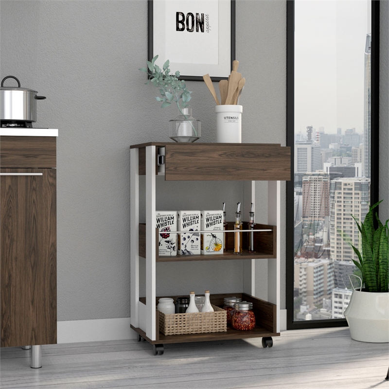 FM FURNITURE Dundee 2-Shelf Engineered Wood Kitchen Cart in Dark Walnut/White