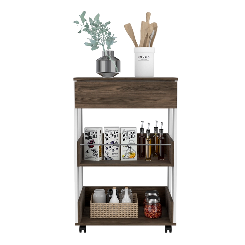 FM FURNITURE Dundee 2-Shelf Engineered Wood Kitchen Cart in Dark Walnut/White