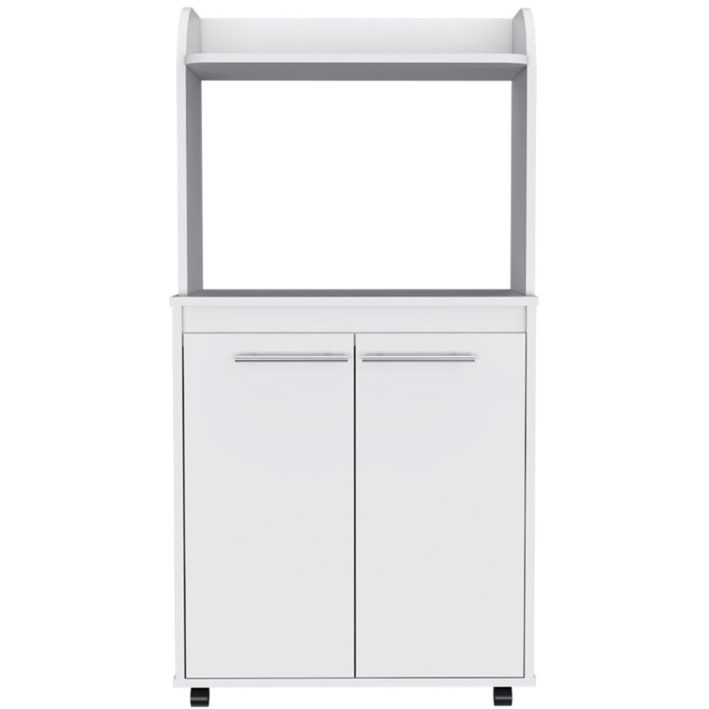 White Wood Storage Cabinet, Microwave Cart with 2 Doors 4 Casters