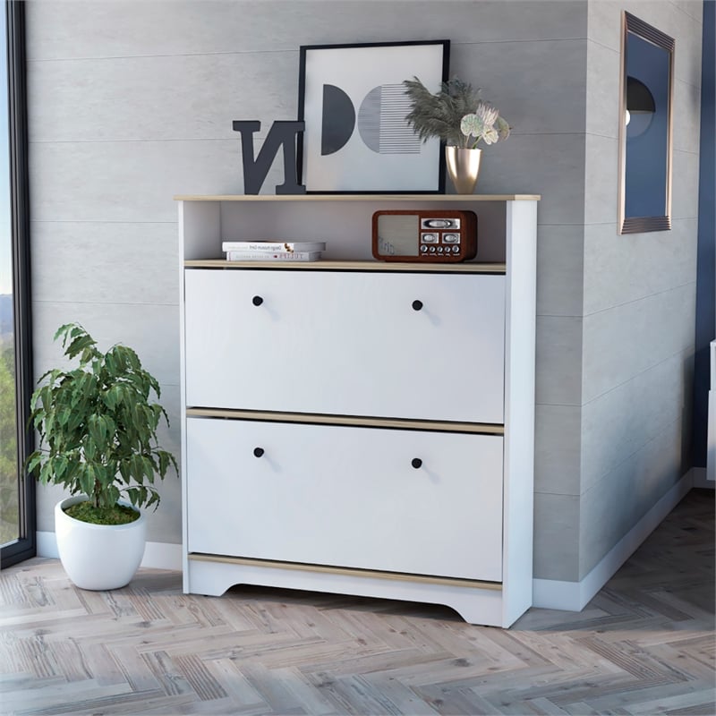 FM FURNITURE Brandford 2-Shelf Engineered Wood Shoe Rack in Light Oak/White