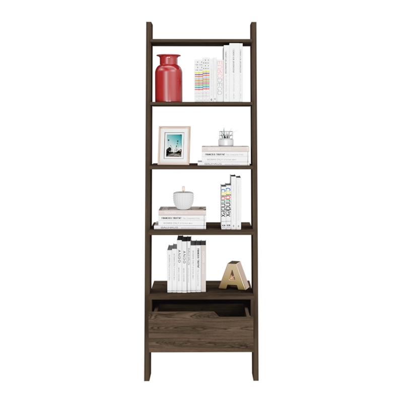 FM FURNITURE Hamburg Engineered Wood Ladder Bookcase in Dark Brown