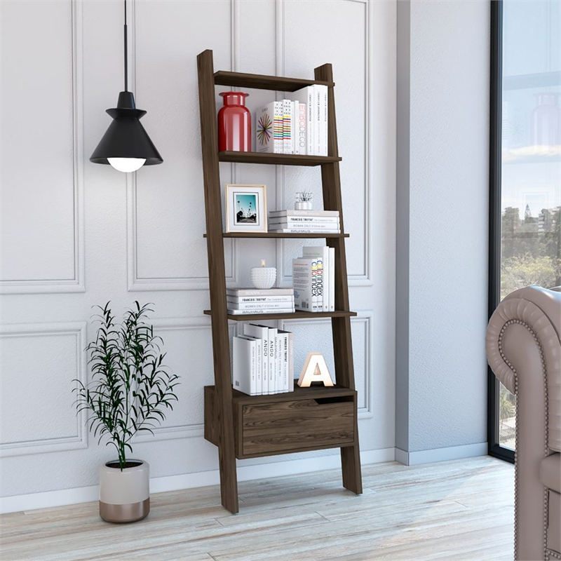 FM FURNITURE Hamburg Engineered Wood Ladder Bookcase in Dark Brown