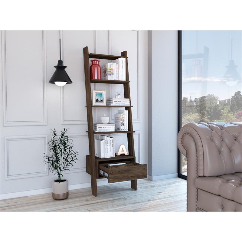 FM FURNITURE Hamburg Engineered Wood Ladder Bookcase in Dark Brown