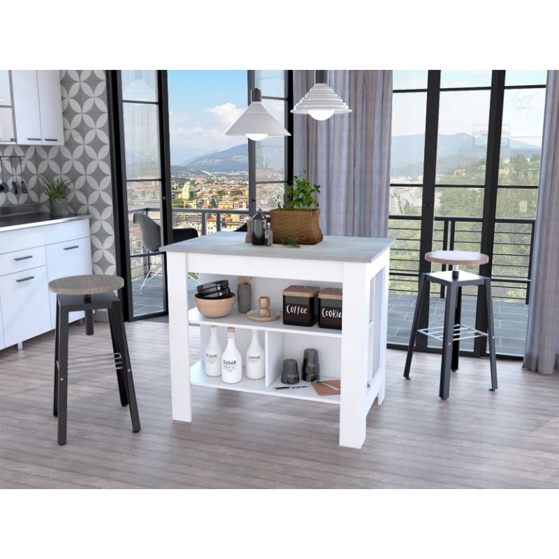 FM FURNITURE Brooklyn 3-Shelf Engineered Wood Kitchen Island White / Ibiza