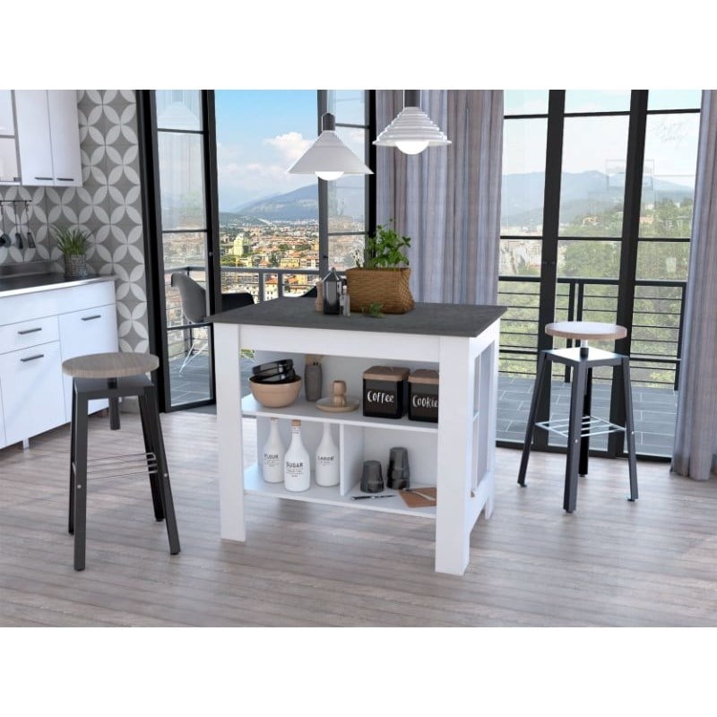 FM FURNITURE Brooklyn 3-Shelf Modern Engineered Wood Kitchen Island White