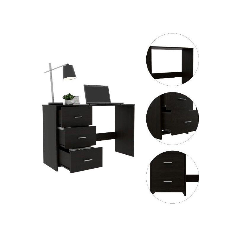 FM FURNITURE Berlin Three Drawers Desk Engineered Wood Black