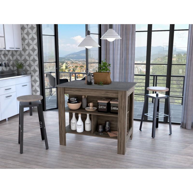 FM FURNITURE Brooklyn Kitchen Island with 3 Shelves Engineered Wood Brown