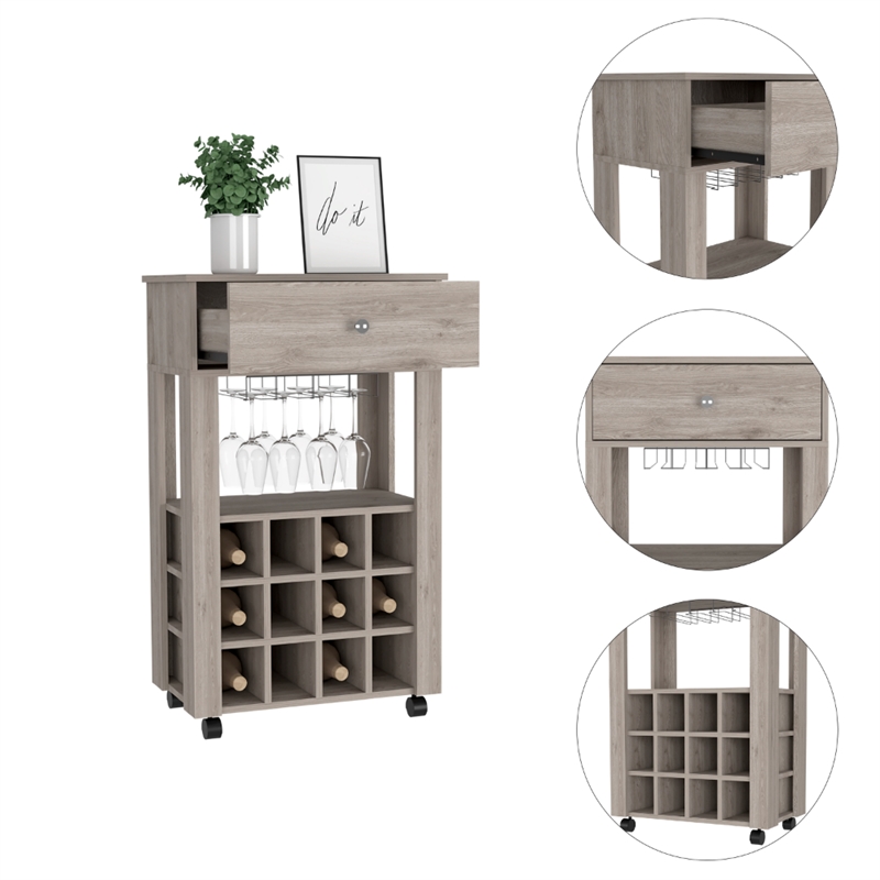 FM FURNITURE Ace Modern Engineered Wood Bar Cart with 4 Casters in Light Gray