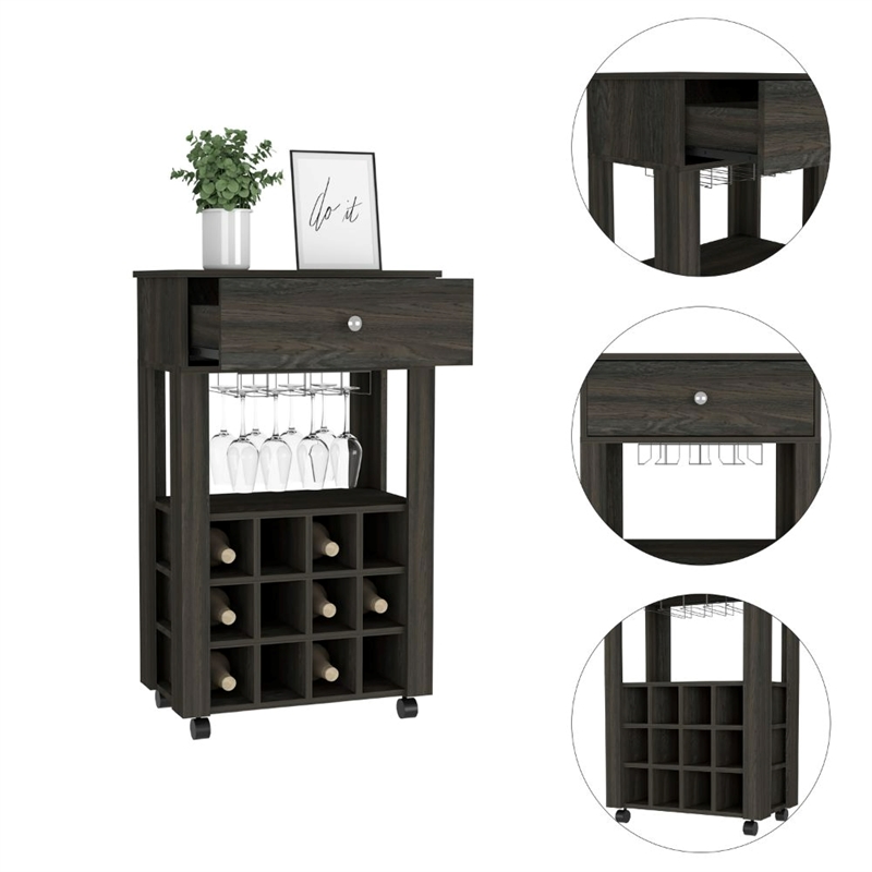 FM FURNITURE Ace Modern Engineered Wood Bar Cart with 4 Casters in Espresso