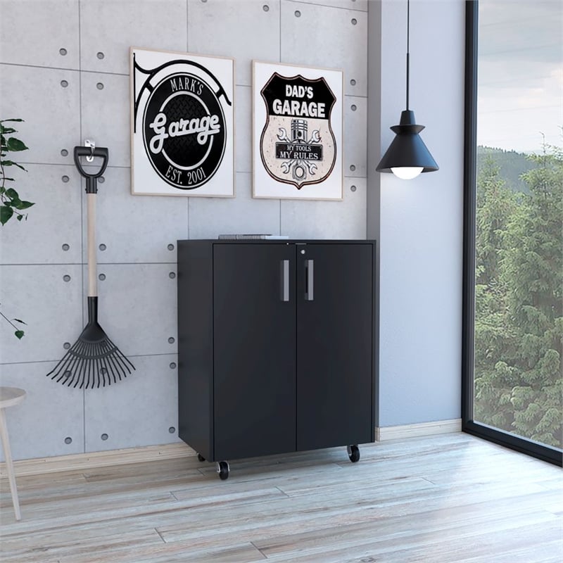 FM FURNITURE Lewis 2-Door Modern Engineered Wood Storage Cabinet in Black