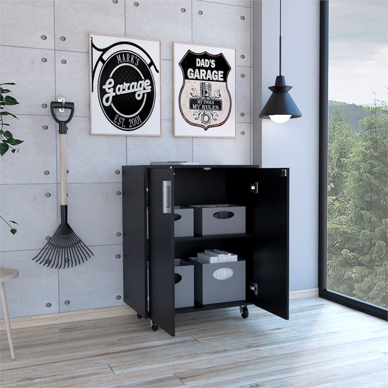 FM FURNITURE Lewis 2-Door Modern Engineered Wood Storage Cabinet in Black