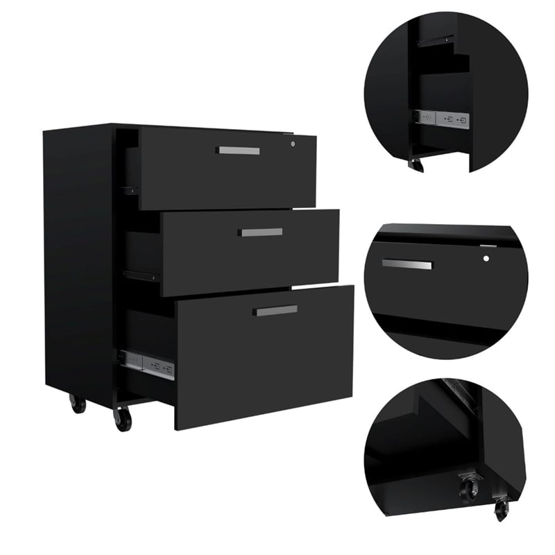 FM FURNITURE Penny 3-Drawer Modern Engineered Wood Storage Cabinet in Black