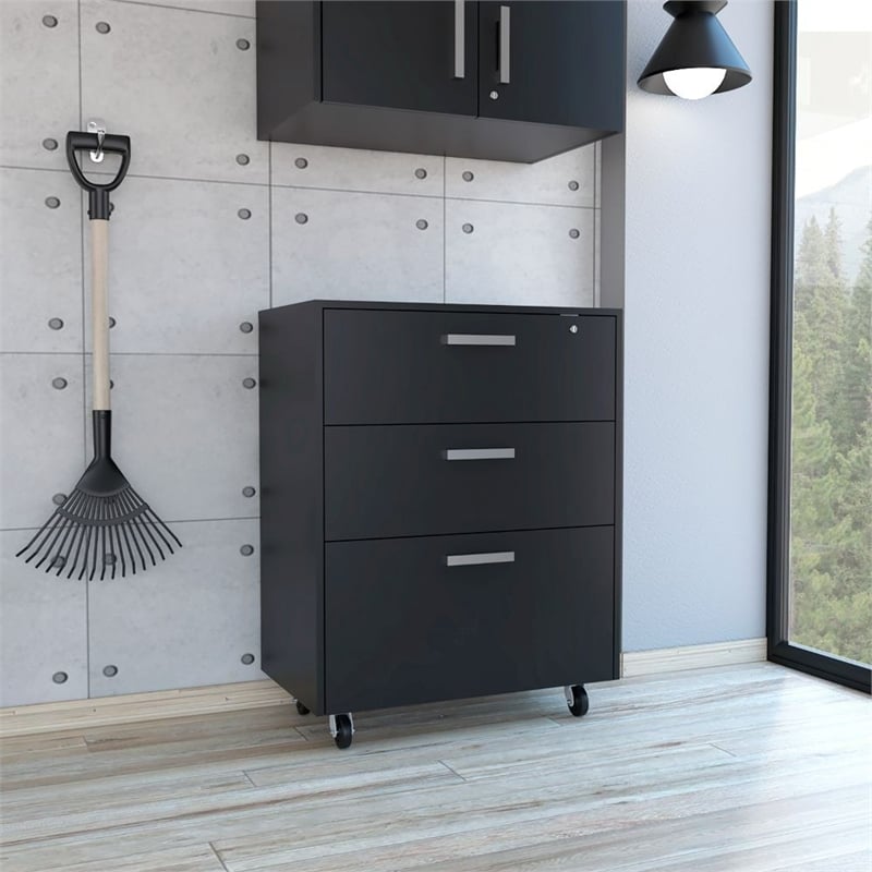 FM FURNITURE Penny 3-Drawer Modern Engineered Wood Storage Cabinet in Black