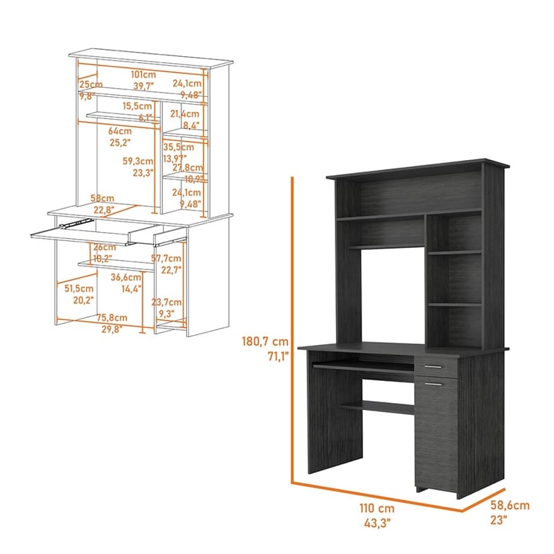 FM FURNITURE Weston Two Computer Desk with Hutch Engineered Wood Smokey Oak